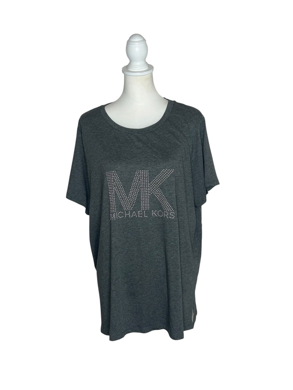 Michael Kors Women’s Rhinestud MK Logo Grey Short Sleeve T Shirt NWT Sz 2X Y2K